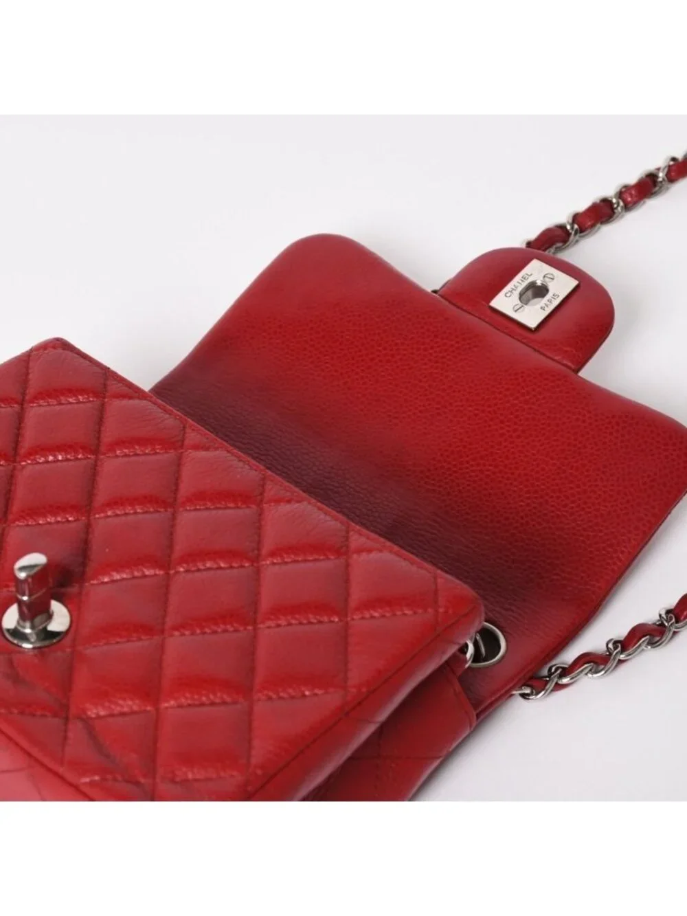 Chanel Mini Quilted 16 Chain Shoulder Bag Caviar Leather Red Silver
